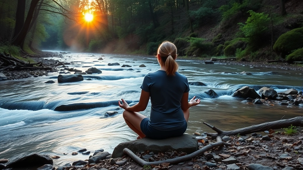 Person sitting peacefully by a natural stream at sunrise, eyes focused on flowing water, morning mist visible, serene forest setting, natural lighting, meditative posture
