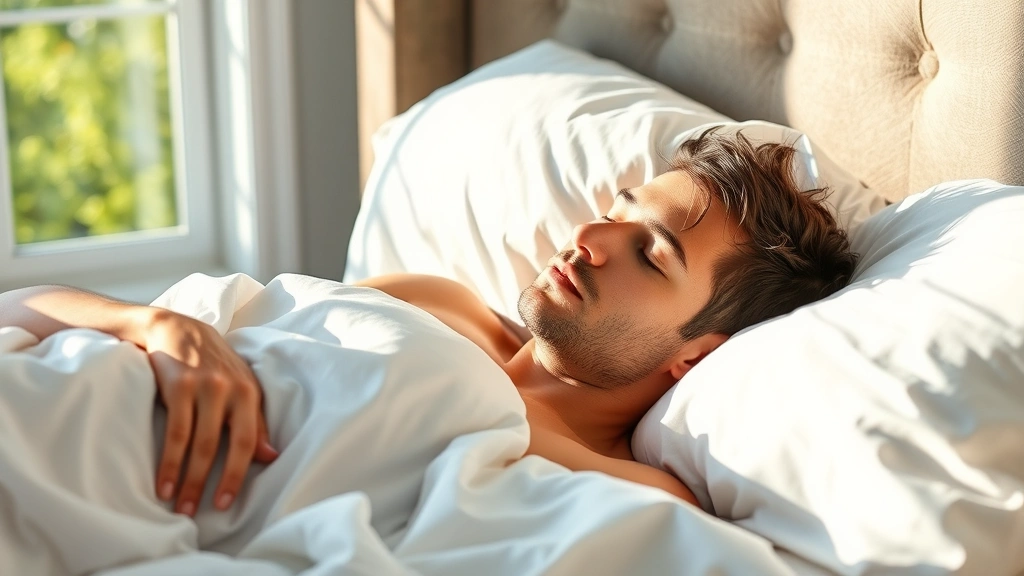 Individual sleeping deeply in comfortable bed with crisp white linens, peaceful expression, natural morning sunlight filtering through window, demonstrating restorative sleep