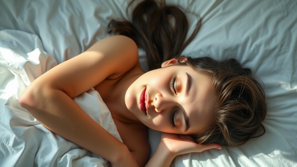 Overhead view of person sleeping deeply on white bedding, peaceful expression, natural morning light, bedroom environment, photorealistic, sleep quality and restoration imagery