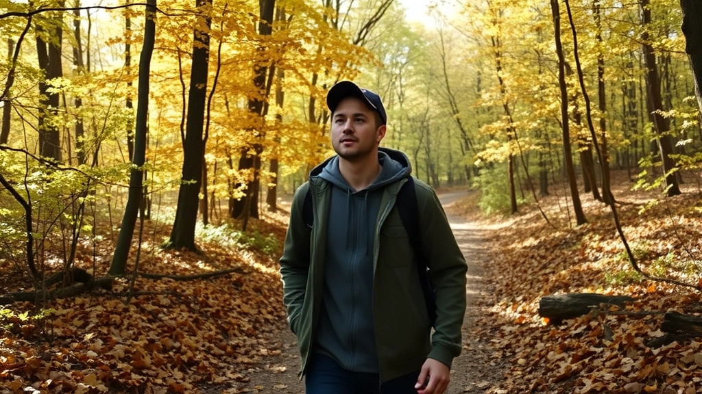 Individual walking deliberately through a forest path with autumn leaves, engaged observational expression, dappled sunlight through trees, focused attention on surroundings