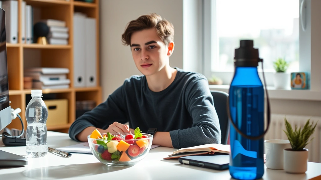 Person at desk with healthy food bowl, water bottle, and notebook, looking focused and calm, natural lighting, organized workspace, embodying mental wellness and concentration
