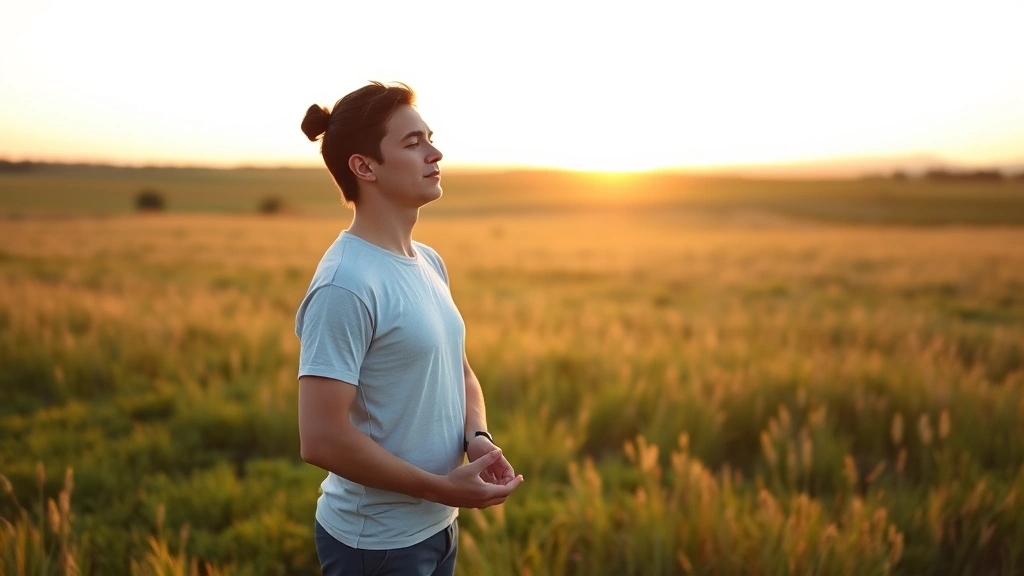 Person practicing breathing exercises in open meadow at golden hour, calm posture, expansive natural landscape, peaceful facial expression, clear sky above