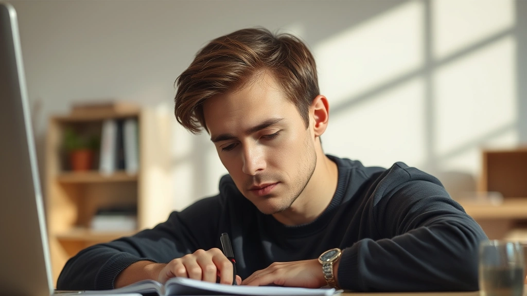 Person in deep concentration at desk with natural light, blurred background, calm focused expression, minimal desk setup with notebook and pen, warm neutral tones
