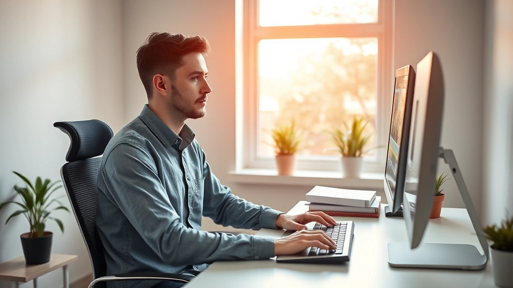 Person sitting at minimalist desk with single focused task, warm natural light through window, clean workspace, hands typing on keyboard, peaceful concentrated expression, modern office environment, plants visible, no clutter, photorealistic high detail
