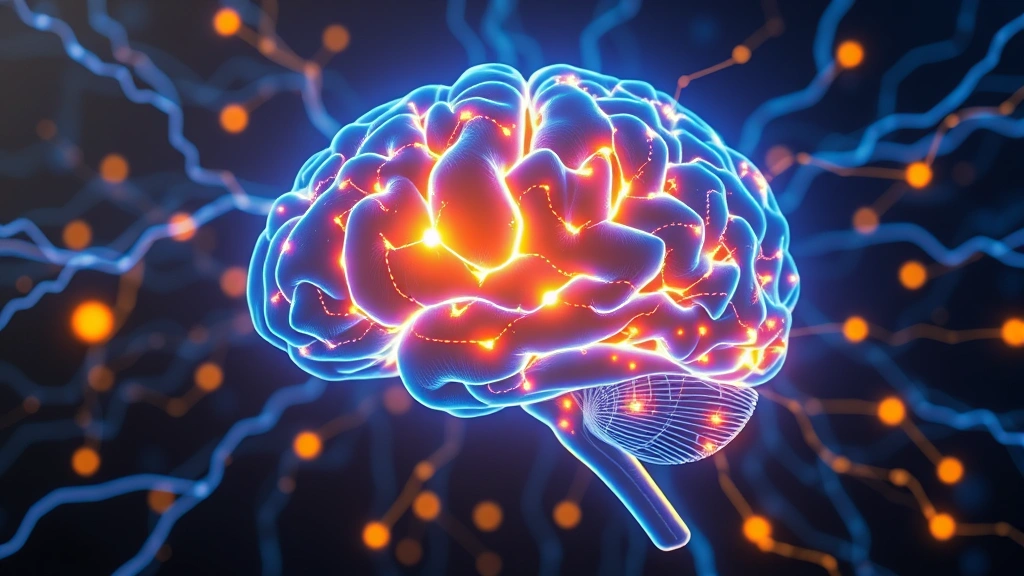Brain visualization showing neural pathways lighting up with blue and gold energy, representing cognitive activation and focus, abstract scientific style, clean background
