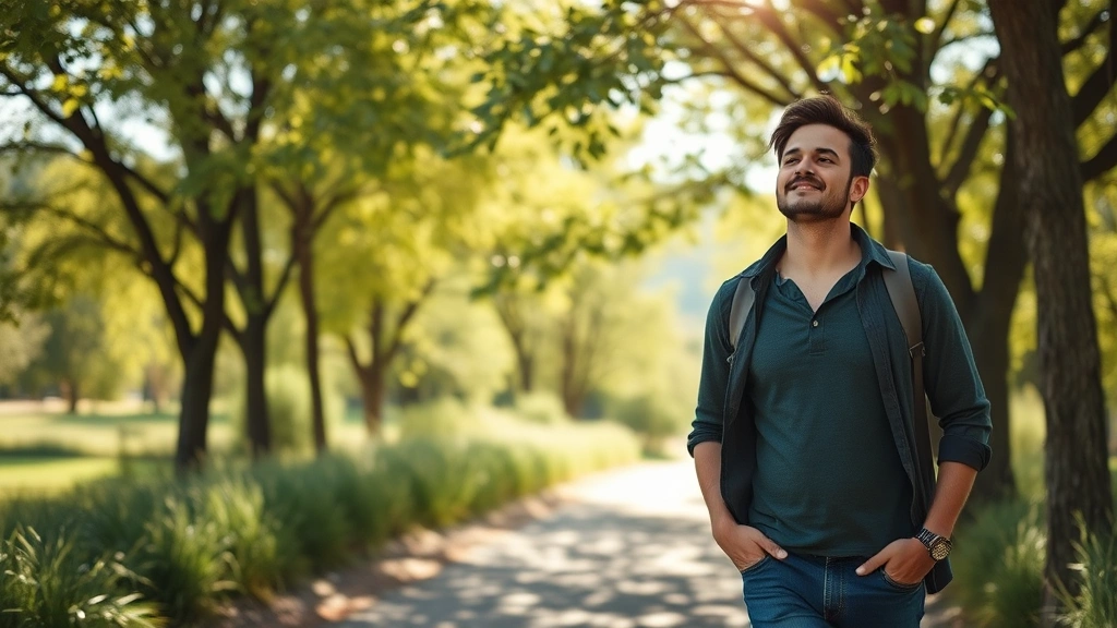 Individual taking rejuvenating break outdoors in nature, walking on tree-lined path, sunlight filtering through leaves, calm peaceful expression, relaxed posture, natural landscape background, photorealistic, midday light, stress-free atmosphere