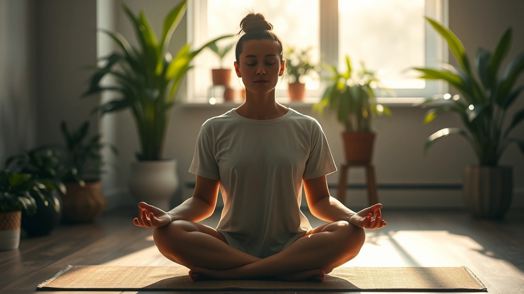 Morning meditation or mindfulness practice in peaceful environment, person sitting calmly with clear mind, soft natural lighting, serene indoor space with plants