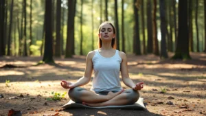 Person meditating peacefully in calm natural setting with soft sunlight, eyes closed in serene concentration, sitting cross-legged on meditation cushion in quiet forest clearing