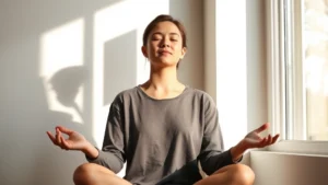 Person meditating peacefully in morning sunlight by a window, serene expression, natural lighting, minimalist background, no text visible