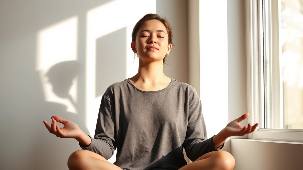 Person meditating peacefully in morning sunlight by a window, serene expression, natural lighting, minimalist background, no text visible