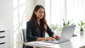 Person sitting at minimalist desk with soft natural light streaming through window, completely focused on laptop work, hands on keyboard, peaceful expression, plants in background, no clocks or screens visible, professional yet calm environment