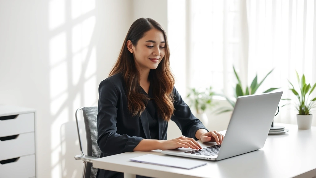 Person sitting at minimalist desk with soft natural light streaming through window, completely focused on laptop work, hands on keyboard, peaceful expression, plants in background, no clocks or screens visible, professional yet calm environment