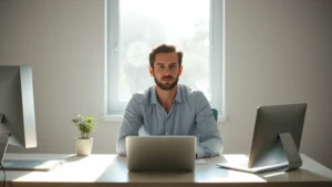 Person sitting at minimalist desk with natural sunlight streaming through window, focused expression, clean workspace with single plant, no visible distractions or screens, professional photorealistic