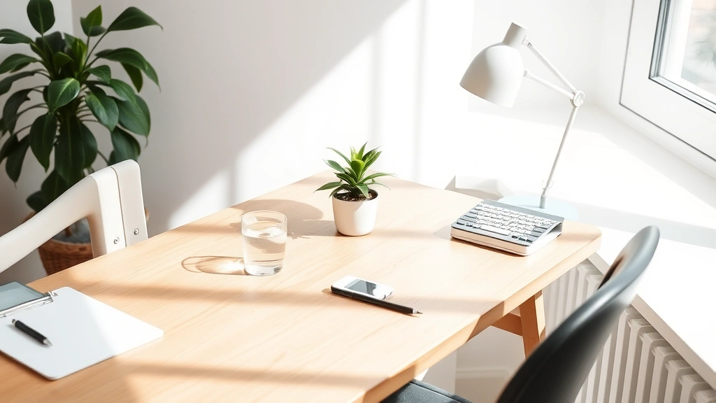 Organized minimalist workspace with natural wood desk, single potted plant, cup of water, clean surface with no clutter, bright natural window light streaming across workspace