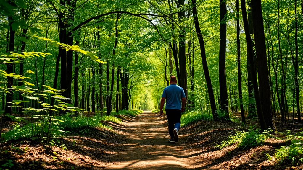 Individual walking through a forest path surrounded by green trees, engaged in movement, natural outdoor setting, warm sunlight filtering through leaves