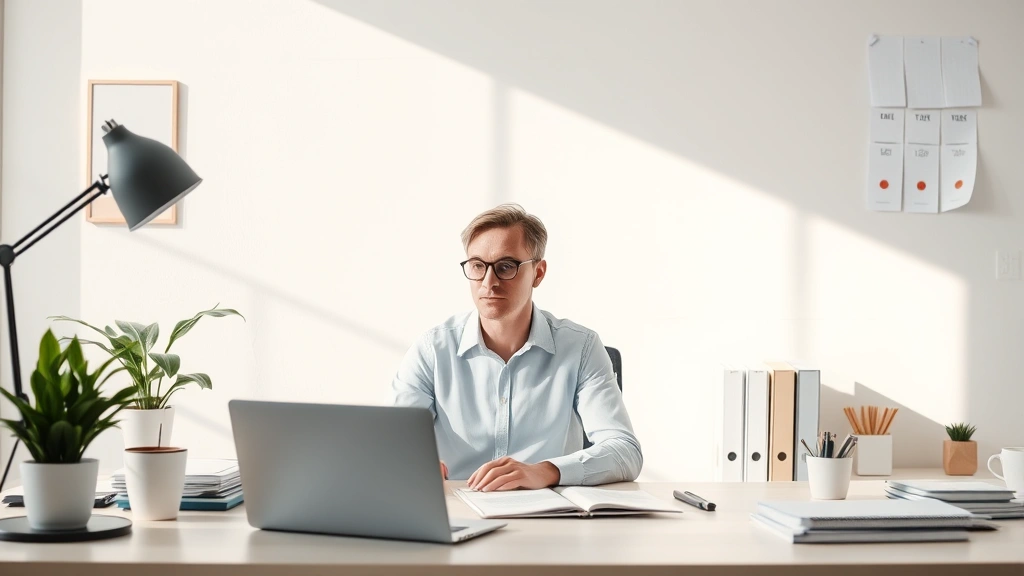 Clean, organized desk workspace with potted plant, soft natural light, minimal clutter, person sitting with focused posture, calm professional environment
