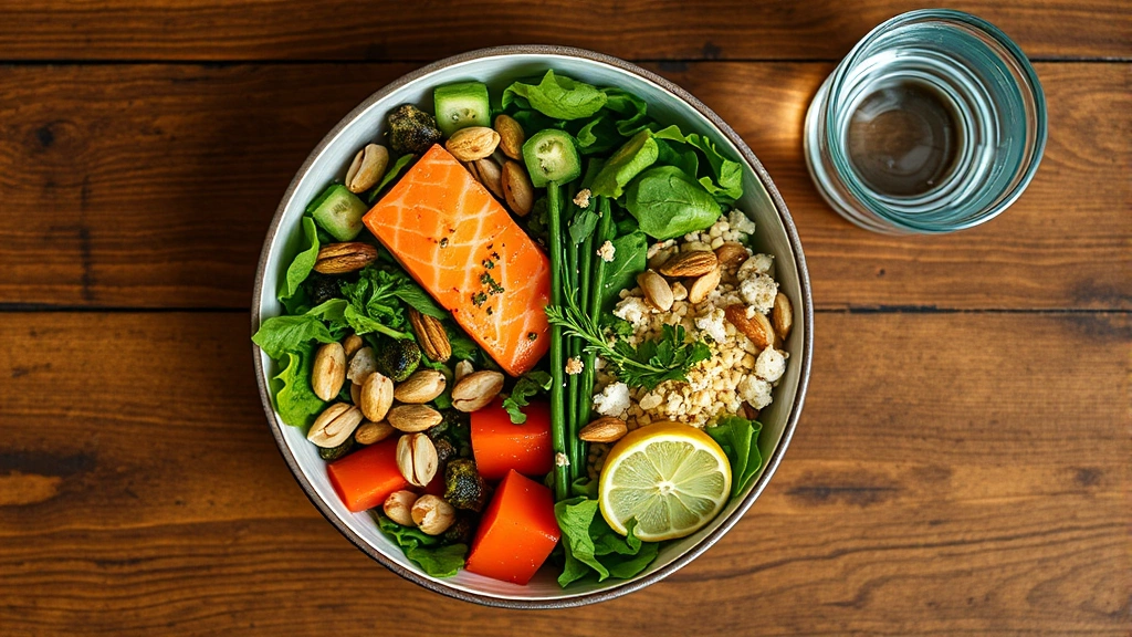 Top-down view of healthy meal bowl with salmon, leafy greens, nuts, and vegetables on wooden table, glass of water beside it, natural lighting, vibrant colors, no text or labels visible, nutritious and appetizing