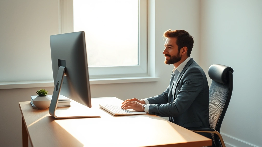 Person in professional attire sitting at minimalist wooden desk with single computer monitor, looking intently focused, natural morning light streaming through large window, warm neutral colors, calm composed expression, photorealistic