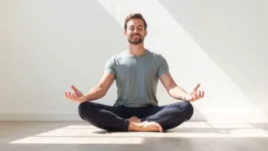 Person meditating peacefully in bright natural light, sitting cross-legged on floor, serene expression, minimalist background, photorealistic, professional wellness setting