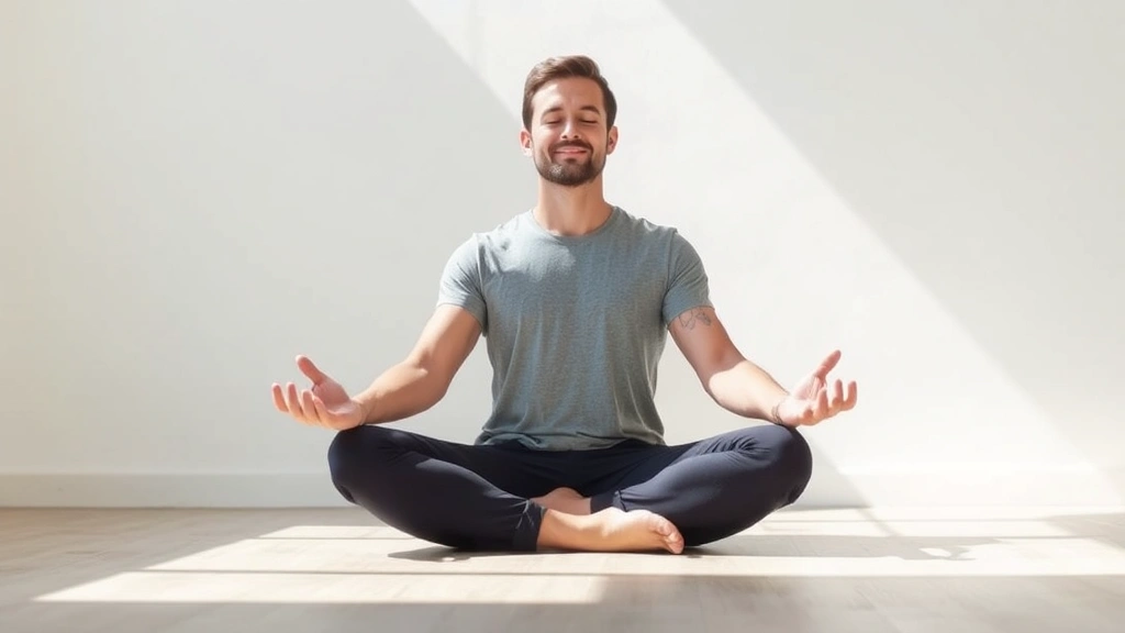 Person meditating peacefully in bright natural light, sitting cross-legged on floor, serene expression, minimalist background, photorealistic, professional wellness setting