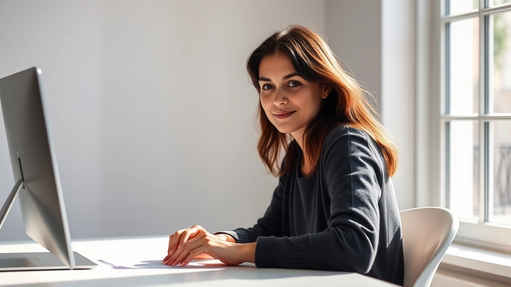A person sitting at a minimalist desk with soft natural light streaming through a window, eyes focused on their work, calm and undistracted expression, clean workspace with no clutter, morning sunlight highlighting their face