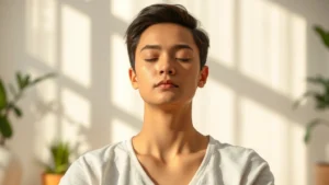 Person sitting peacefully in sunlit room with soft natural light, eyes gently closed in meditation, calm expression, serene indoor environment with plants visible, photorealistic, focusing on peaceful mental state and concentration