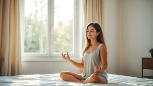 Person meditating peacefully in morning sunlight by a window, serene expression, natural lighting, calm bedroom environment, focused posture