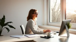 A person sitting at a minimalist desk by a window with natural morning sunlight streaming in, appearing calm and focused, with a cup of tea nearby, professional workspace photography