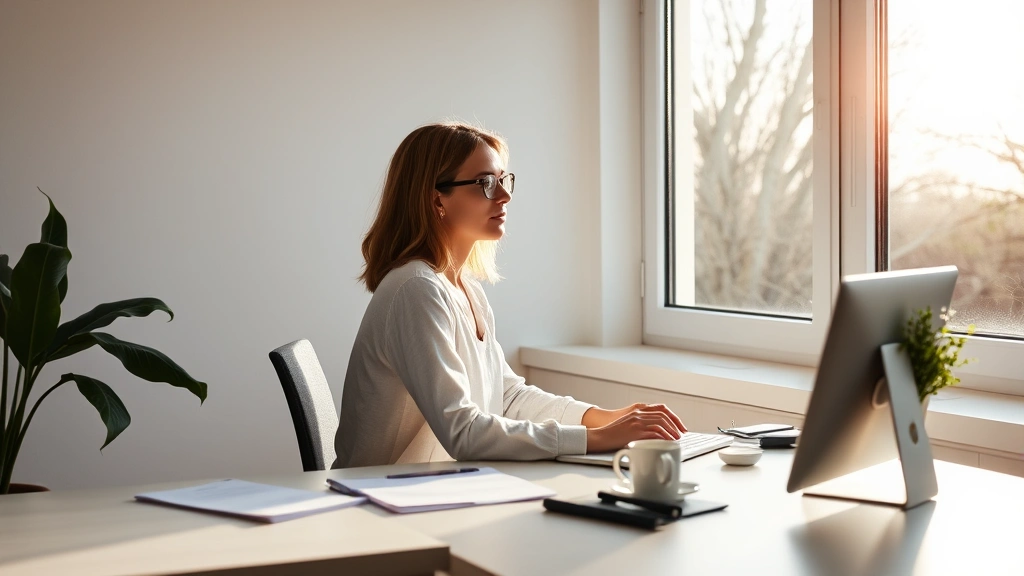 A person sitting at a minimalist desk by a window with natural morning sunlight streaming in, appearing calm and focused, with a cup of tea nearby, professional workspace photography