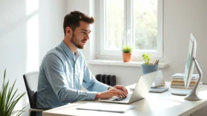 Person sitting at minimalist desk in bright natural light, focused on laptop work, calm expression, organized workspace with no clutter, morning sunlight streaming through window