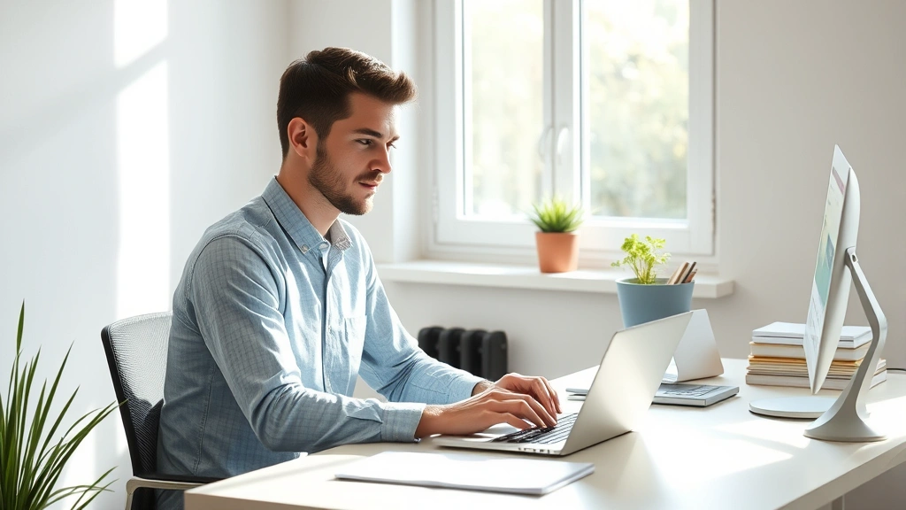 Person sitting at minimalist desk in bright natural light, focused on laptop work, calm expression, organized workspace with no clutter, morning sunlight streaming through window