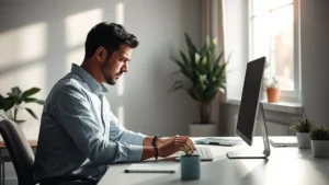 Person in deep concentration working at minimalist desk with natural light streaming through window, professional workspace with plants and clean surfaces, focused expression, morning light