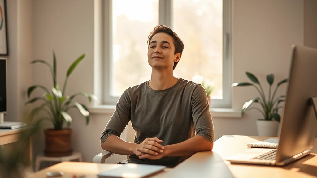 Person sitting peacefully in a minimalist workspace with natural window light, hands resting, serene expression, plants visible, soft focus background, afternoon golden hour lighting