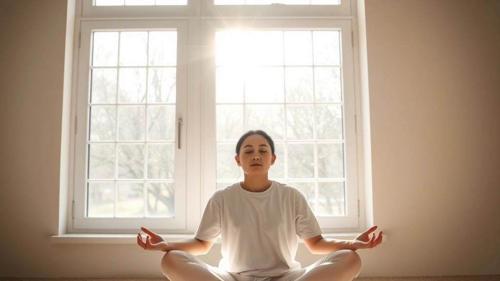 Person meditating in morning sunlight by large window, serene expression, natural light streaming across face, minimalist peaceful background, focused posture