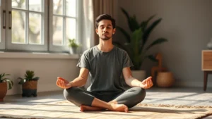 Person meditating peacefully in natural light, calm facial expression, sitting cross-legged on comfortable surface, serene indoor setting with plants, photorealistic, focused mindfulness moment