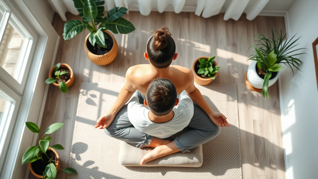 Overhead view of person meditating in peaceful living room, sitting on cushion with straight posture, natural sunlight, plants visible, serene expression, photorealistic wellness environment