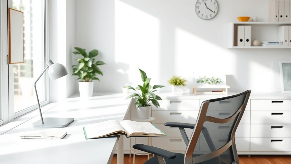 Clean organized workspace with natural lighting, plant on desk, open notebook, ergonomic chair, calm neutral colors, professional environment, photorealistic, no visible text