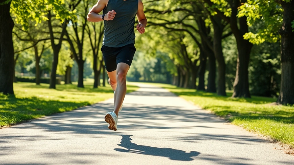 Person jogging outdoors on sunny path through park, trees and greenery visible, body in motion showing physical activity, natural landscape background, photorealistic, emphasizing exercise and mental clarity connection