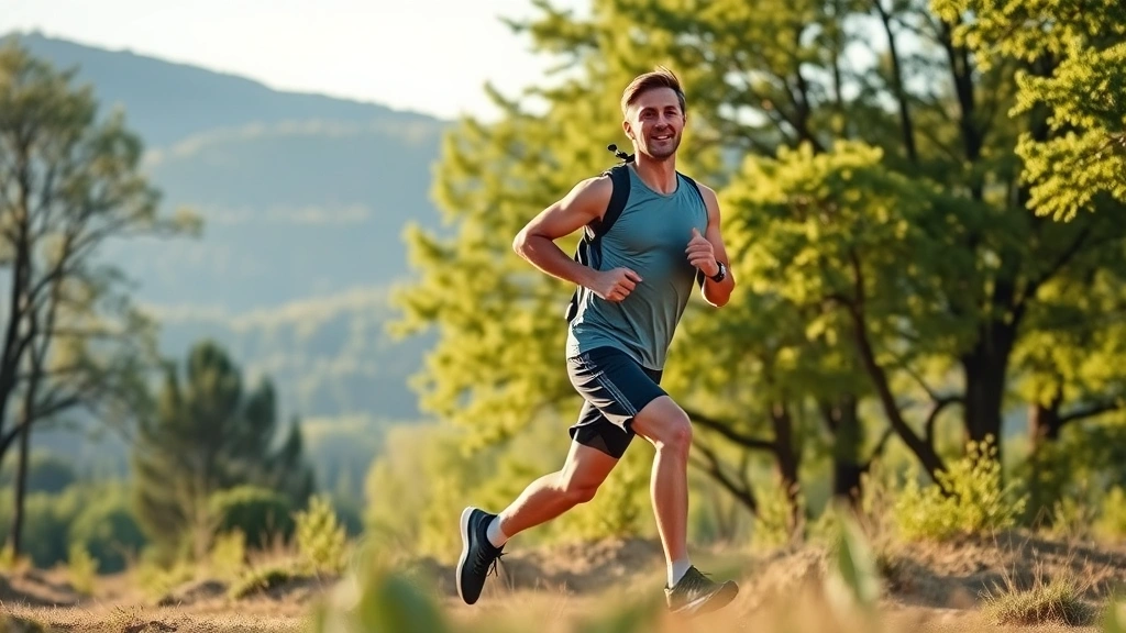 Individual doing outdoor morning run in nature, athletic movement captured mid-stride, green trees and natural landscape background, energetic and alert body language