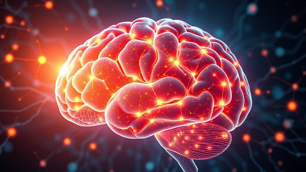 Brain illustration showing neural networks lighting up during concentration, neurotransmitter activity visualization, cognitive pathways glowing, scientific yet artistic representation