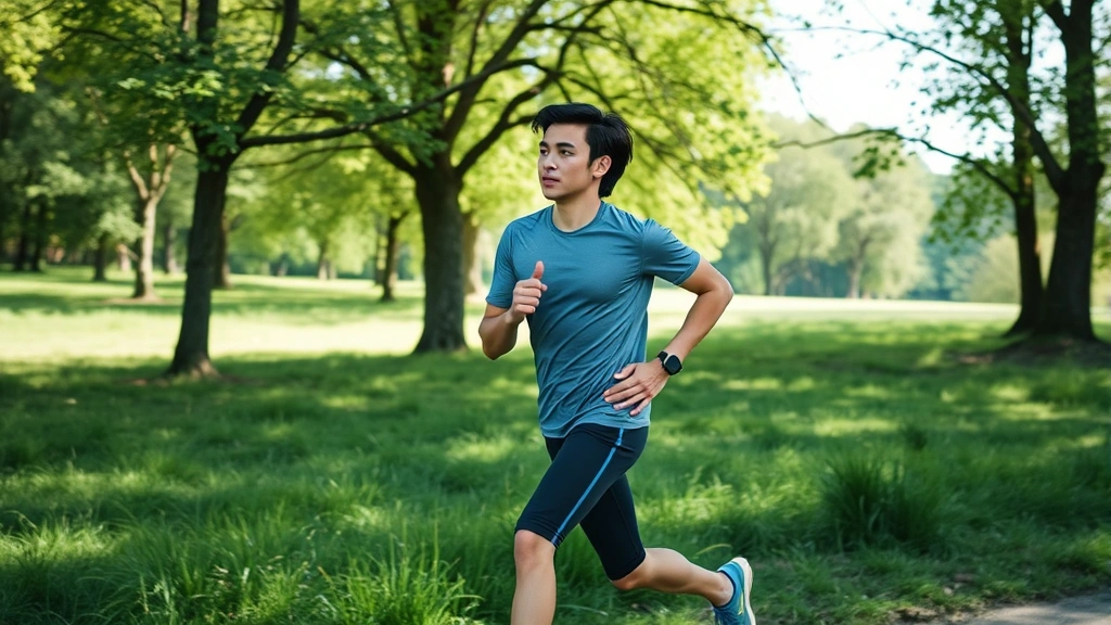 Individual doing outdoor walking/running in green nature setting, trees and grass, natural daylight, motion captured, healthy posture, focused expression, peaceful environment