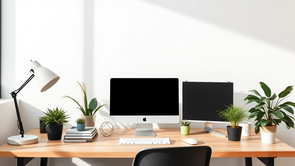 Organized minimalist desk workspace with plants, single focused task setup, clean surfaces, natural daylight, professional calm environment without clutter