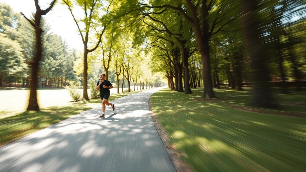 Active person jogging through a park trail with trees and greenery, energetic movement, natural daylight, outdoor exercise setting, motion blur effect