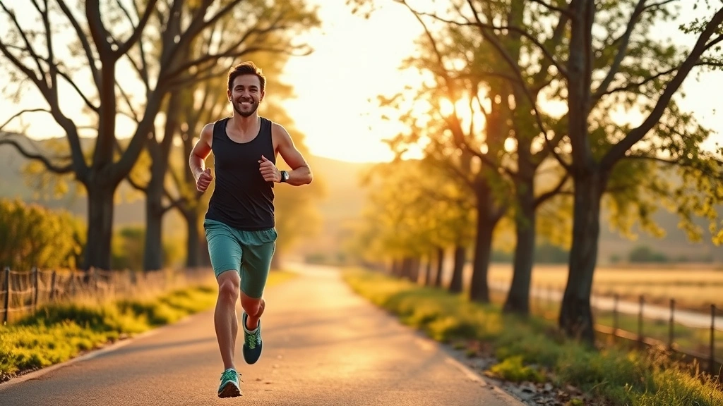 Person jogging outdoors on tree-lined path during golden hour, athletic wear, energized expression, natural landscape background, motion captured, photorealistic health and vitality