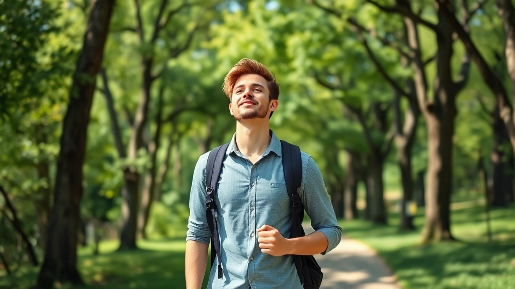 Young professional taking a break outdoors, walking in nature, trees and green scenery, bright daylight, relaxed posture, photorealistic wellness moment