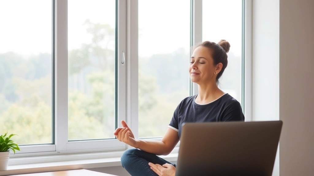 A person in a meditation or focused work posture by a window overlooking nature, peaceful expression, hands resting on desk, body language showing deep concentration and calm clarity