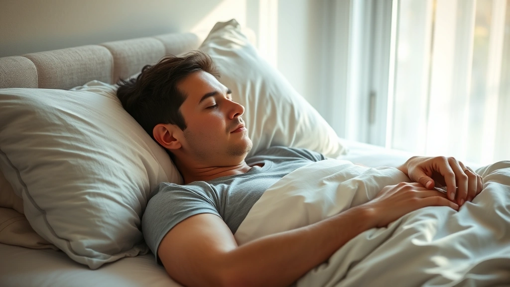 Person sleeping peacefully in comfortable bed with soft pillows and natural morning light through window, relaxed posture, serene bedroom environment, photorealistic, depicting restorative sleep and mental recovery
