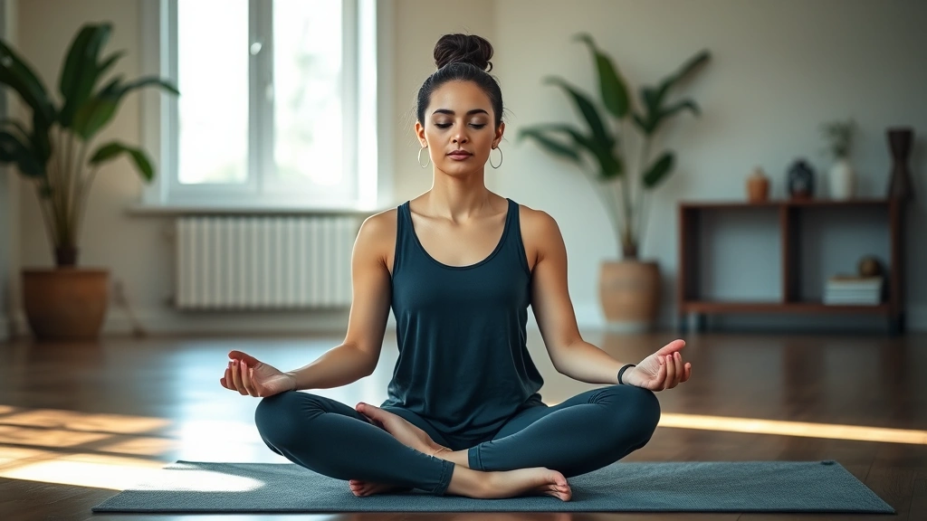 Someone doing meditation or mindfulness practice in a peaceful indoor environment with soft natural lighting, sitting cross-legged with serene expression, wellness photography
