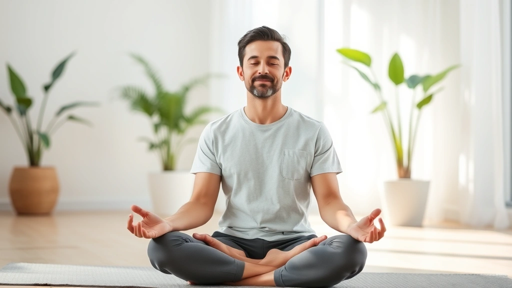 Adult meditating in peaceful indoor space with soft natural light, cross-legged position, calm facial expression, serene background with plants, embodying mindfulness and mental clarity