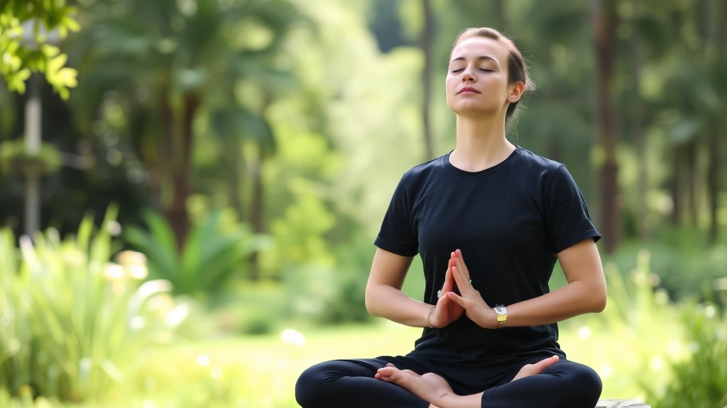 Person meditating outdoors in nature setting with eyes closed, peaceful garden or forest background, serene posture, natural lighting, tranquil environment